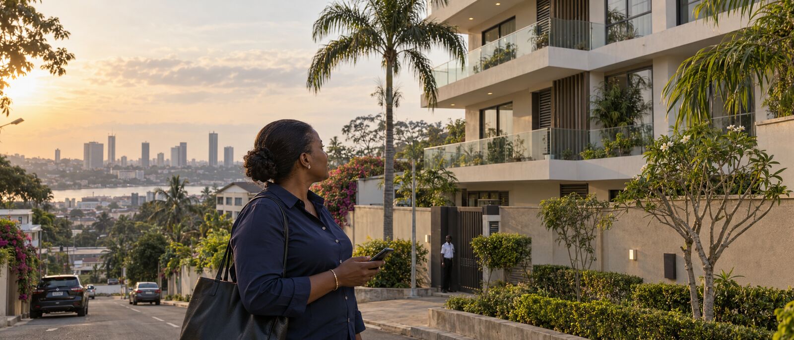 Gestionnaire immobilière devant une résidence à Cocody, Abidjan, en fin d'après-midi