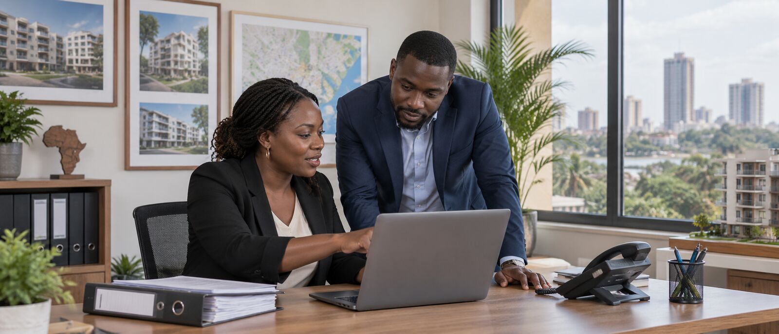 Deux collaborateurs d'une agence immobilière d'Abidjan devant un ordinateur portable