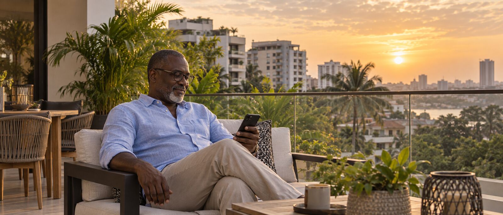 Propriétaire consultant son téléphone sur la terrasse d'un appartement à Abidjan